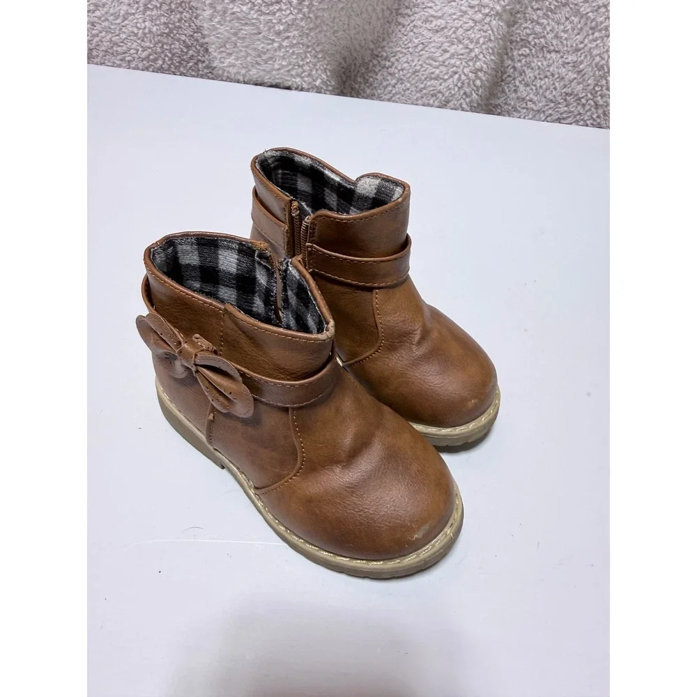 Toddler Girls Brown Faux Leather Ankle Boots with Side Bow Plaid Lining Size 8